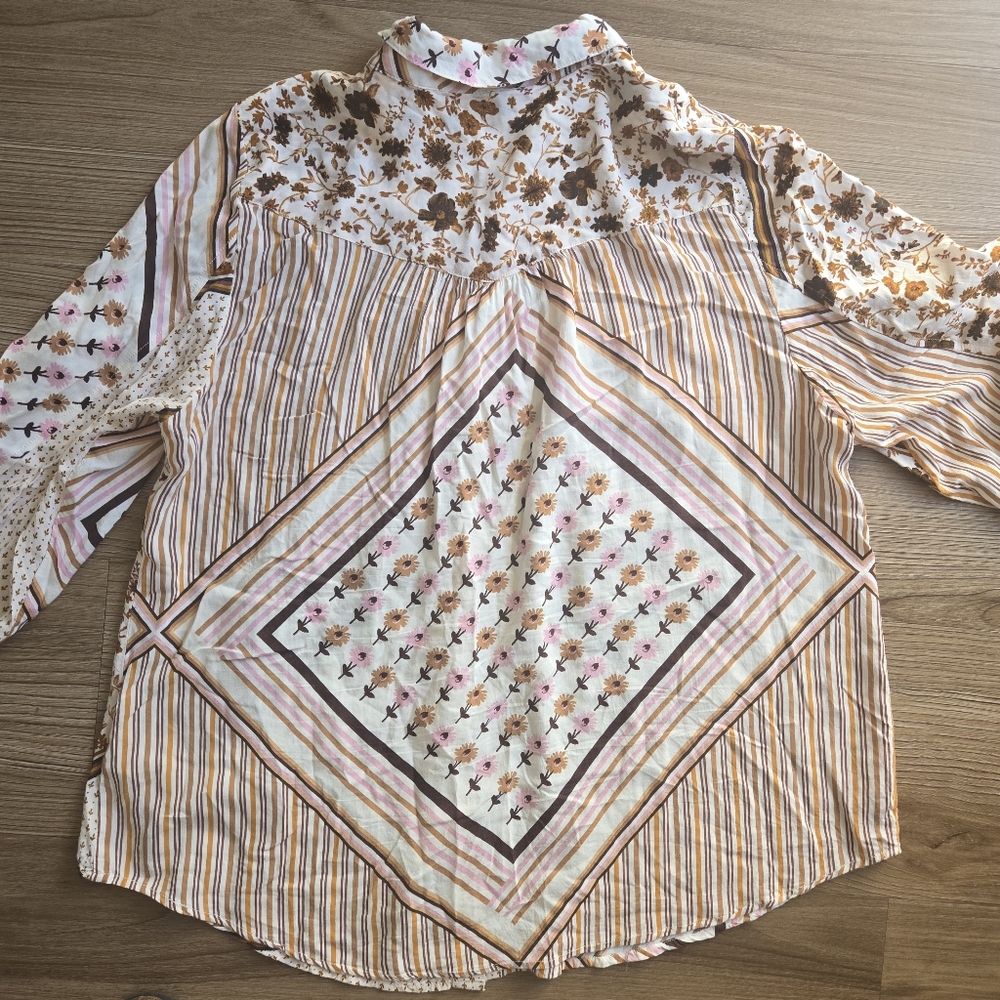 Free People Hazel Patchwork Button Down Blouse, Xl - image 3